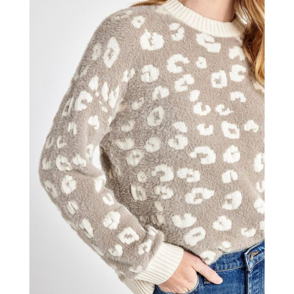 Splendid Mal Leopard Women’s Crewneck Jacquard Eyelash Sweater Size XS New with - Picture 2 of 6